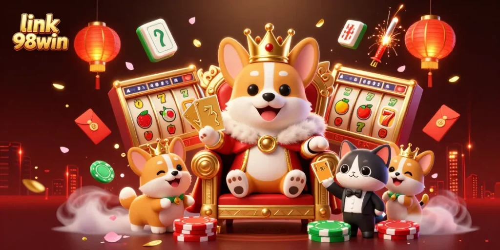 Play thrilling slots with link 98win, featuring a royal corgi and dynamic game elements in action.