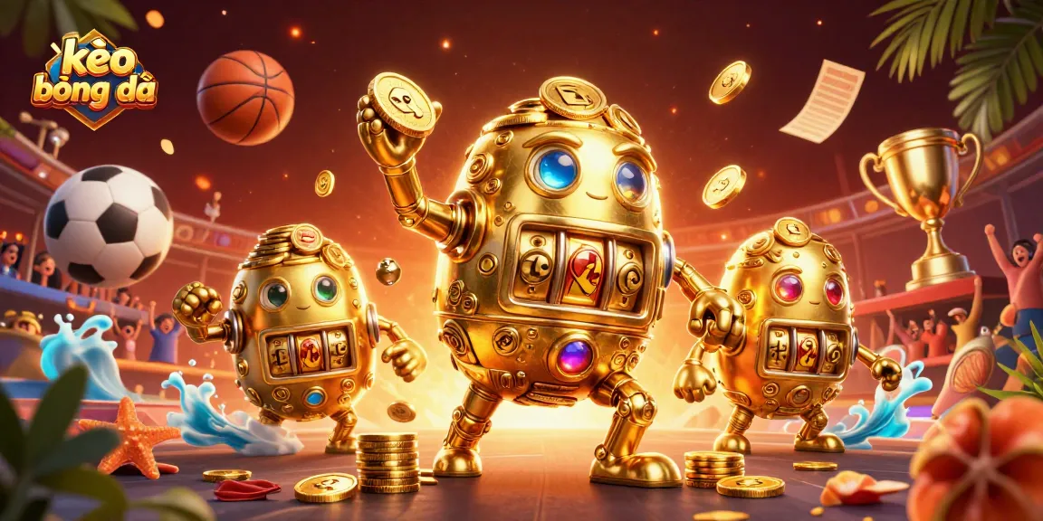 Engage with kèo bóng đá through a vibrant 3D scene featuring golden golems and sports symbols.