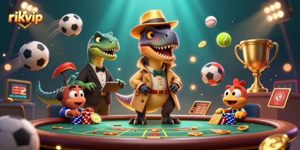 rikvip card counter with stealthy velociraptor and pit boss amidst lively gambling scene.
