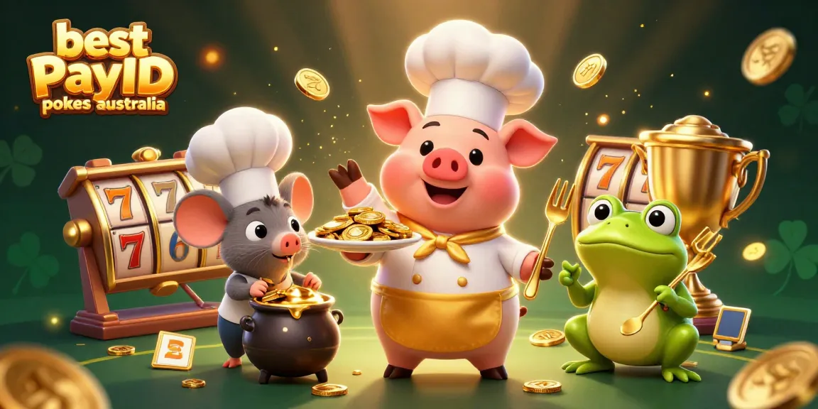 Engage with the best PayID pokies Australia through a vibrant scene of a chef pig serving gold coins amidst slot reels and casino excitement.