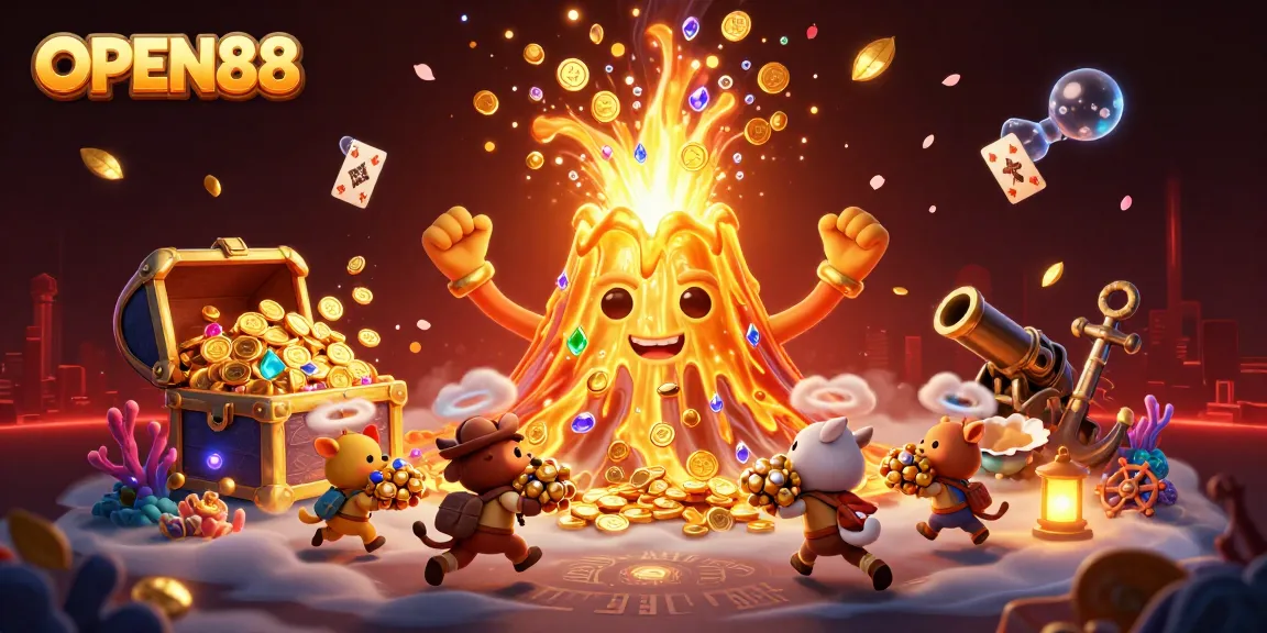 Experience the excitement of OPEN88 as a triumphant volcano erupts coins and treasures in an engaging casino scene.