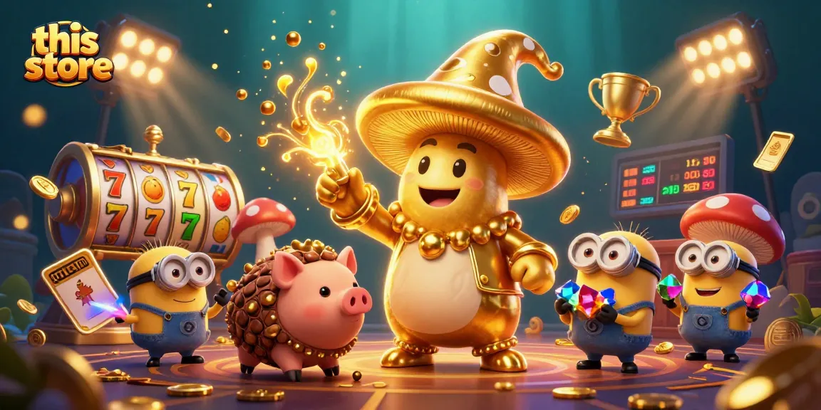 This store highlights a vibrant casino scene featuring a golden mushroom wizard with dynamic slot gameplay elements.