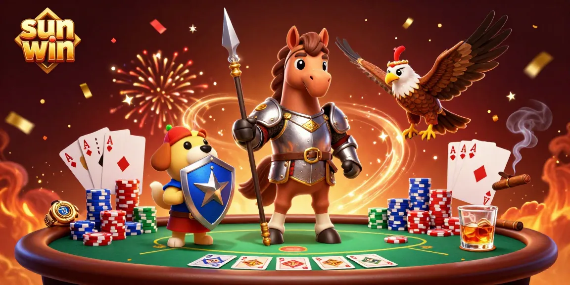 Engage with exciting games at sun win, featuring a poker table, character action, and vibrant casino atmosphere.