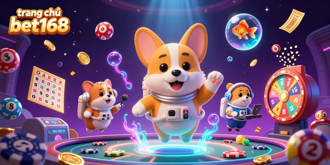 Engage with the thrilling world of trang chủ bet168 as an astronaut corgi floats amidst colorful lottery elements in a vibrant casino.