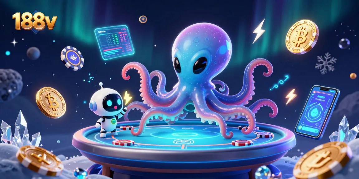 Experience thrilling gaming with 188v's alien octopus at a holographic poker table amid crypto visuals.
