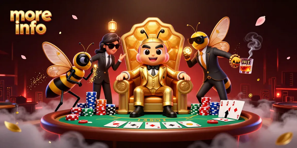 Engage with more info on high-stakes poker strategies, featuring a 3D cartoon bee mob boss surrounded by gambling elements.