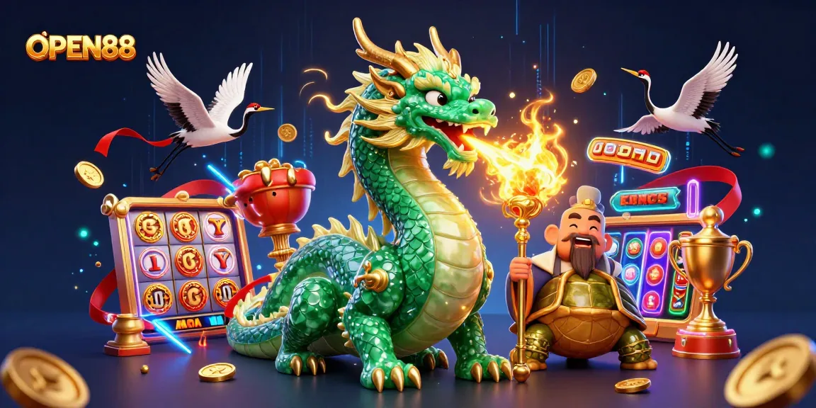 Spin to victory at OPEN88 with vibrant gaming elements and mystical characters in a captivating casino scene.