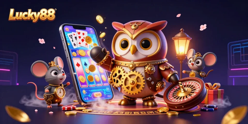 Experience exciting gameplay at Lucky88 with a vibrant 3D casino illustration featuring dynamic characters and games.