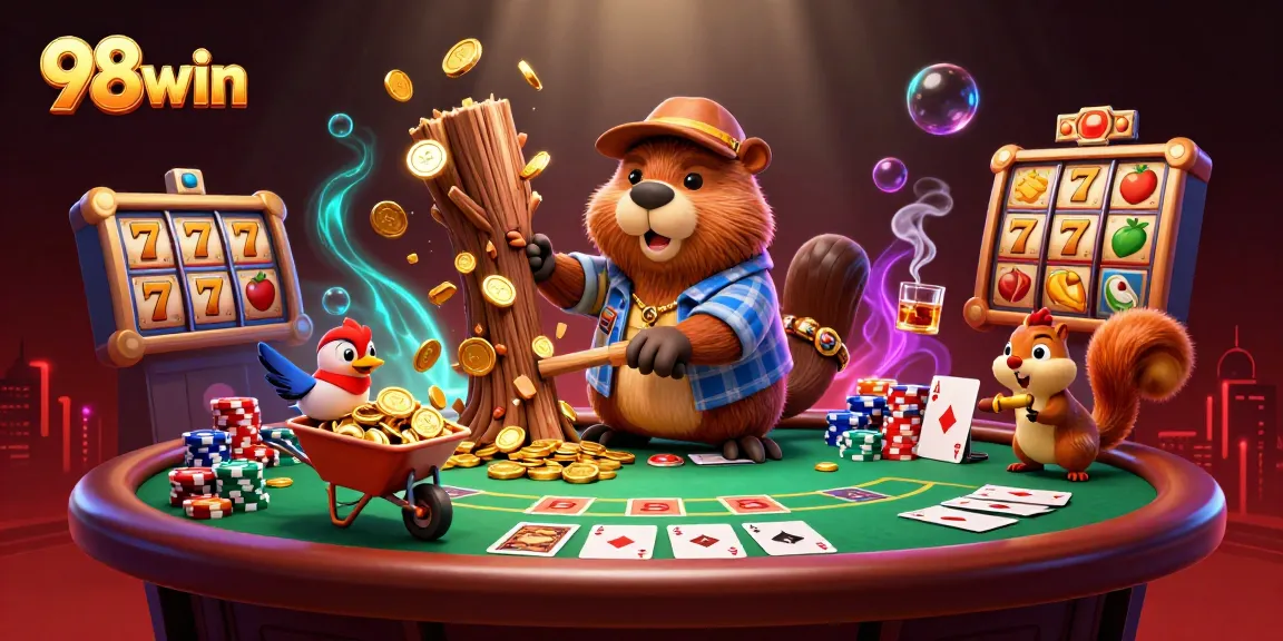 Engaging 98win casino scene with characters celebrating and gold coins raining down during a thrilling game.