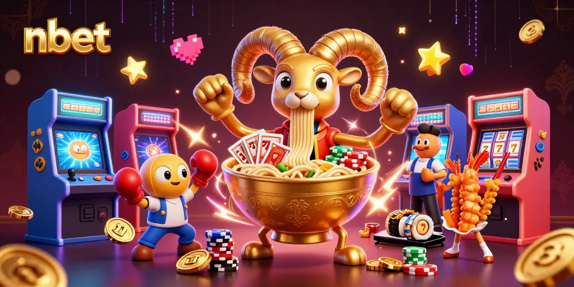 Engage with nbet's casino excitement featuring a giant ramen bowl and colorful slot elements.
