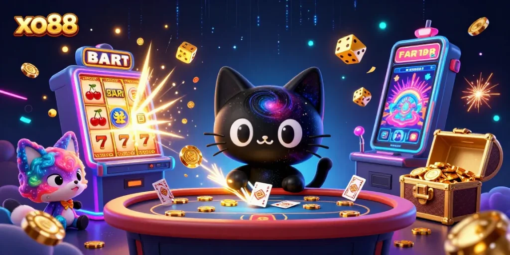 Experience the excitement of xo88 with a cosmic casino cat and fox amid vibrant gaming elements.