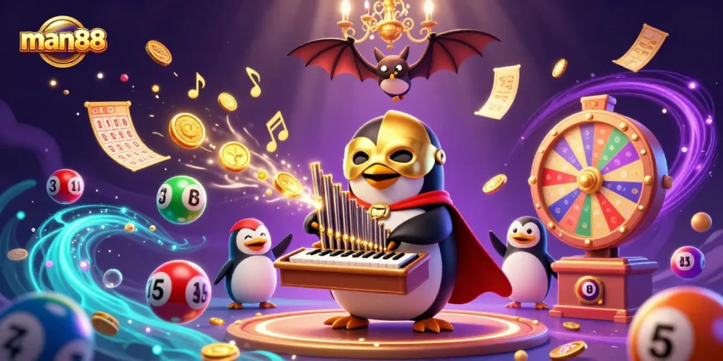 Experience excitement with man88 as the penguin plays winning tunes in a dazzling casino scene.