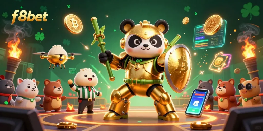 Bet on f8bet with thrilling 3D illustration depicting a panda in mech-suit battling in an exciting casino arena.