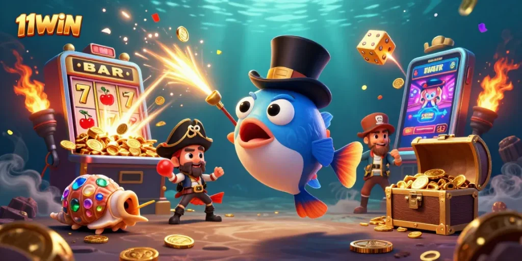 Engage with 11WIN's vibrant underwater casino adventure with anglerfish and pirate shrimp.