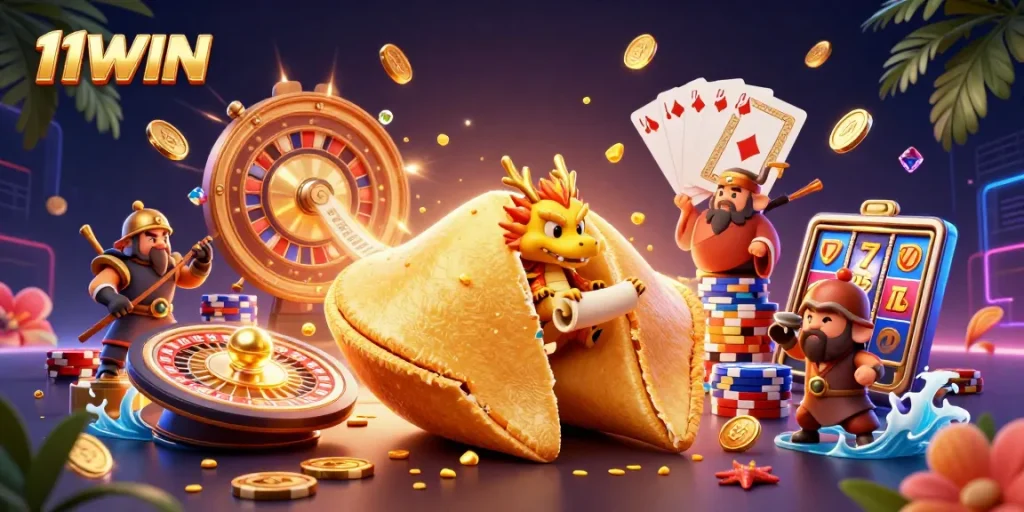 Experience the thrill of 11WIN with a vibrant 3D illustration of fortune cookies and casino elements.