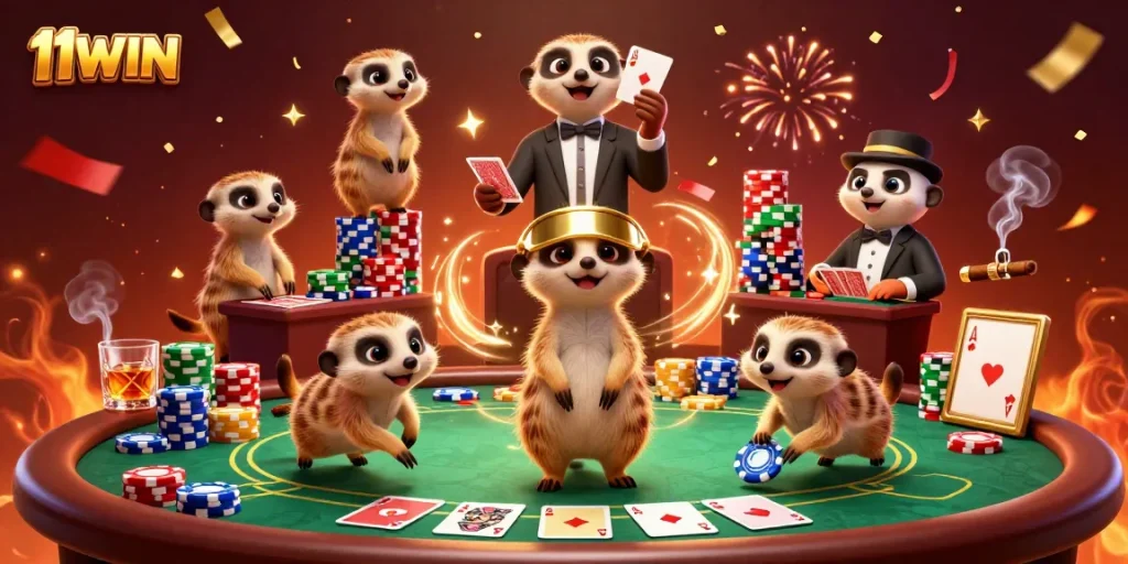 11WIN meerkats managing a vibrant casino with poker elements and a colorful atmosphere.