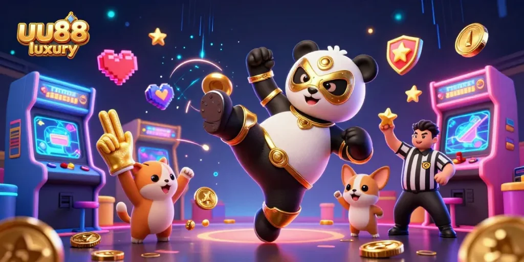 Experience the excitement of uu88 luxury with a vibrant illustration of casino-themed characters in action.
