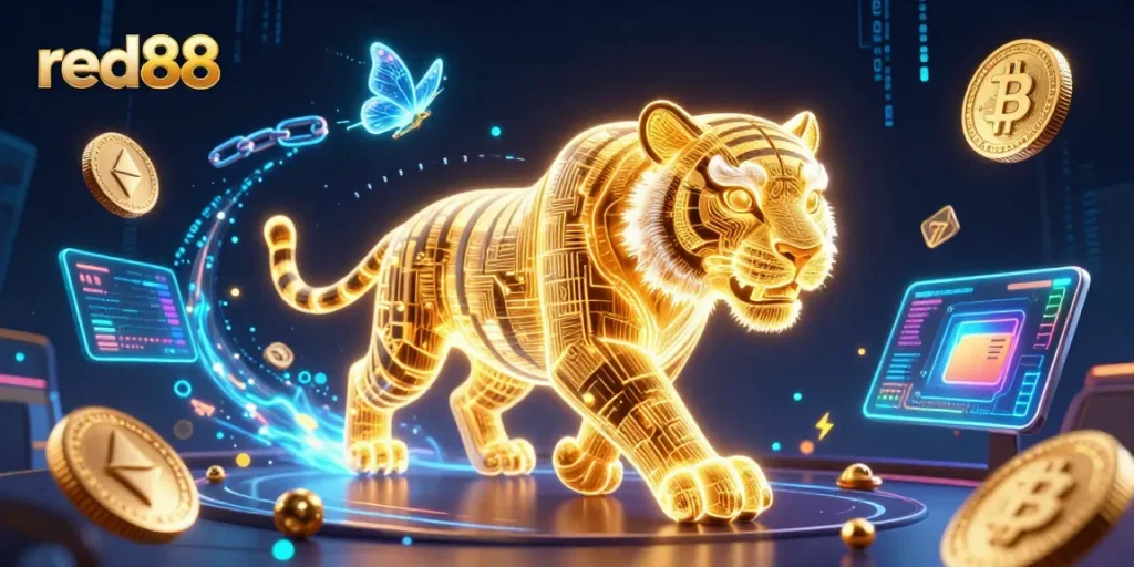 Experience the vibrant digital world of red88 as a neon-wireframe tiger lights up the casino landscape.