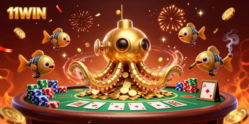 Experience the thrill of 11WIN's vibrant casino atmosphere with a golden kraken submarine amidst poker elements.