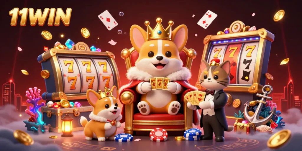 Engaging 3D illustration of 11WIN with corgi royalty and casino elements representing a fun gaming experience.