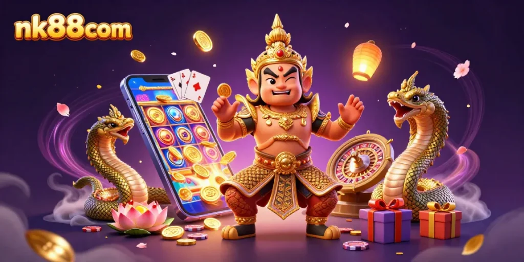 Spin and win with nk88com's vibrant gaming experience featuring 3D characters and dynamic casino elements.