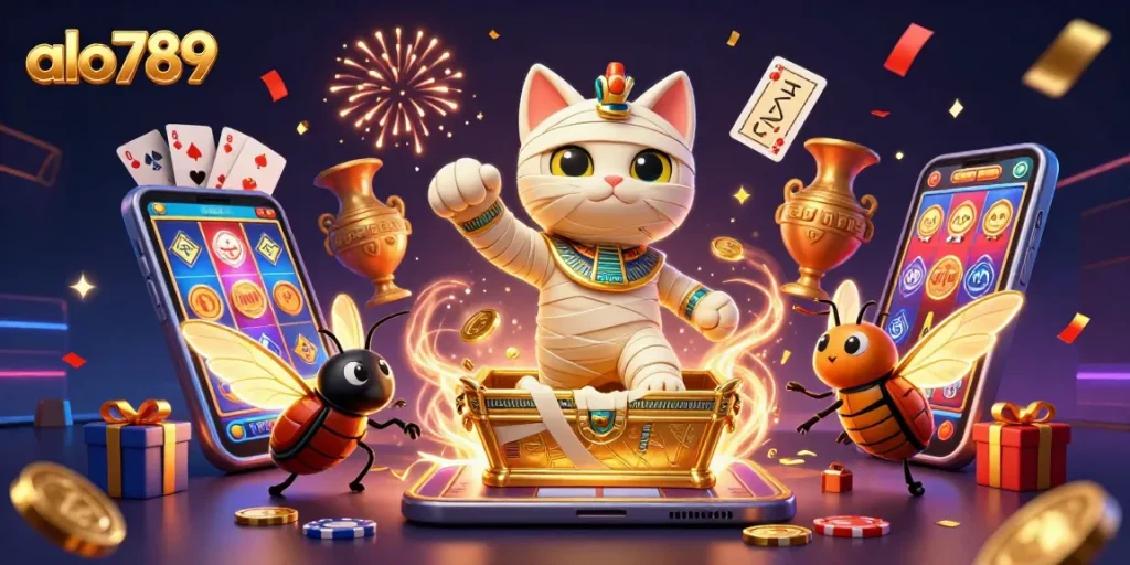 Experience the excitement of alo789 as the mummy cat unveils hidden treasures in a vibrant casino.