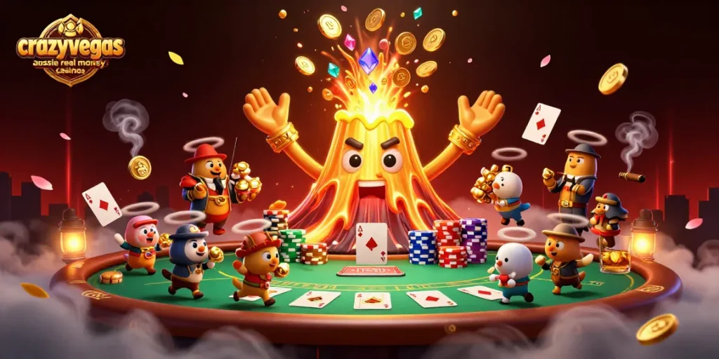 Experience thrilling gameplay with crazyvegas aussie real money casinos, showcasing vibrant characters and poker elements for high-stakes fun.