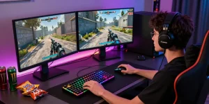 Custom mechanical keyboard with hall effect switches in an engaging gaming setup.