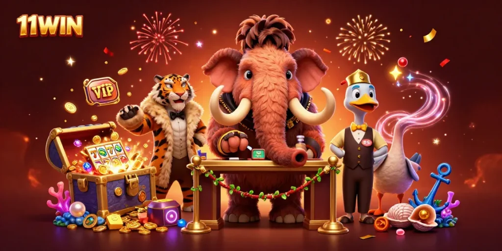 Engage in the thrilling game experience at 11WIN with vibrant casino characters and dynamic elements.