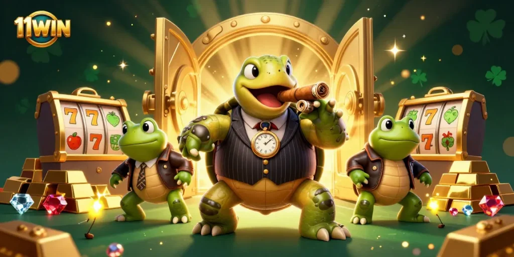 Engage in thrilling slots action with 11WIN, featuring a snapping turtle and bullfrog enforcers.