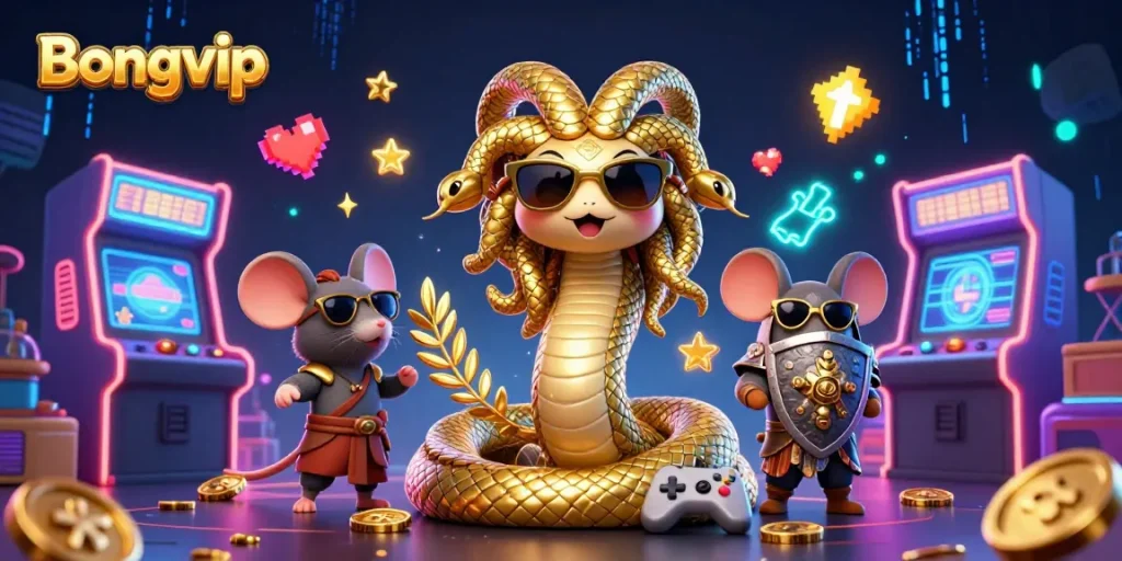 Bongvip captures the excitement of gaming with a captivating illustration of Medusa and a warrior mouse amidst a colorful casino atmosphere.