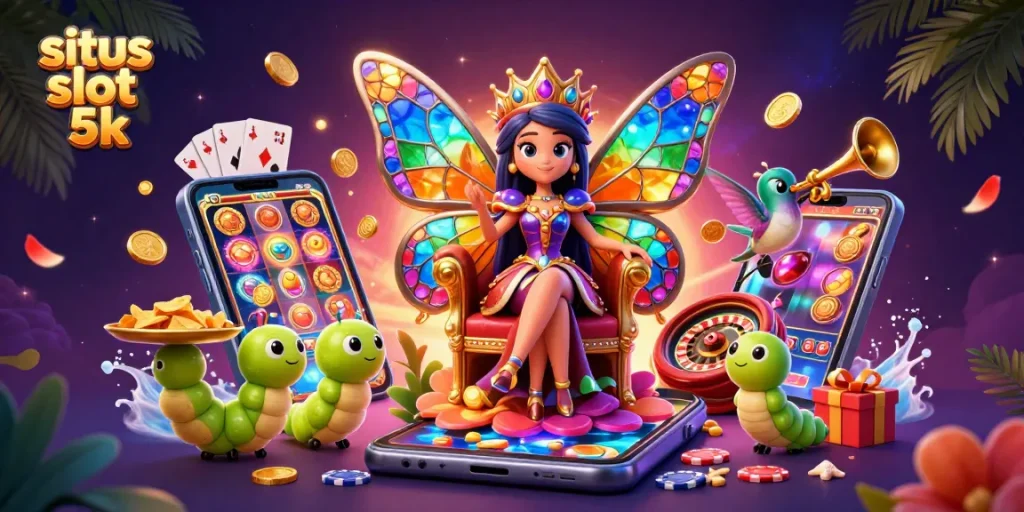 Play exciting games on situs slot 5k with a dazzling butterfly queen and vibrant slot elements.
