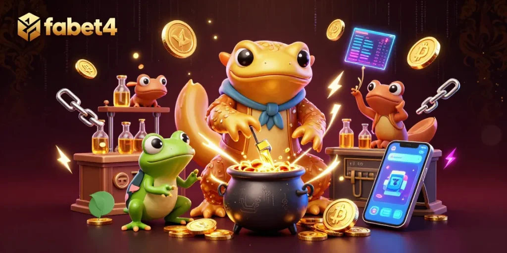 Experience fabet4's dynamic gaming with golden coins and crypto elements in a magical scene.