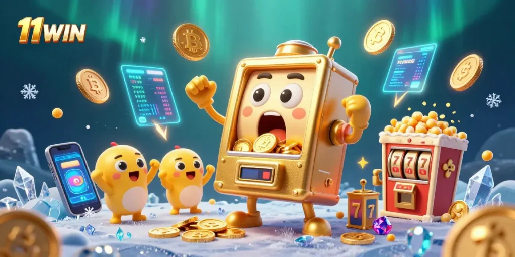 Celebrate your wins with 11WIN in this vibrant casino scene showcasing joyful slot machines.