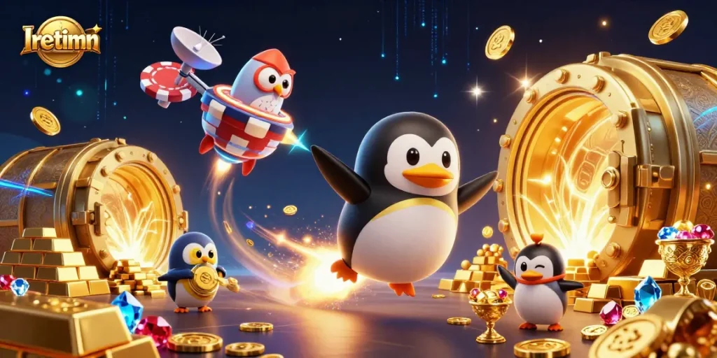 Iretimn showcases a golden penguin racing to a casino space station amidst treasure and gems