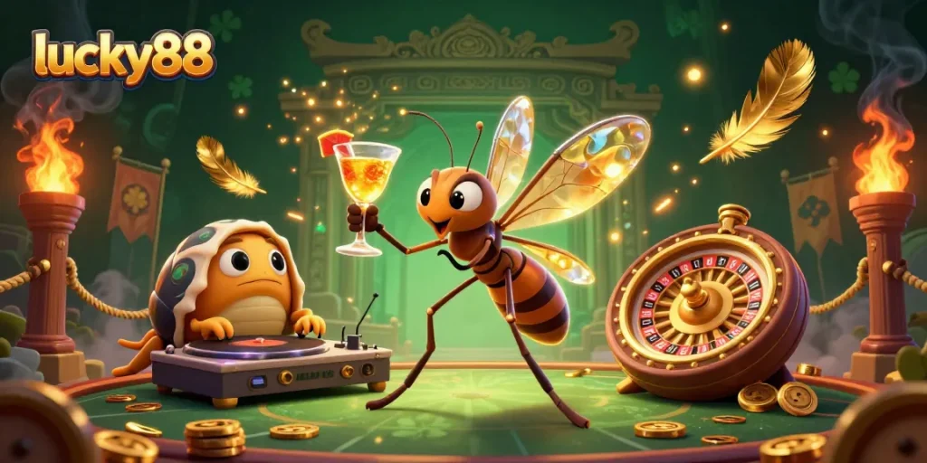 Experience lucky88 with a vibrant 3D casino scene featuring engaging characters and dynamic gambling elements.