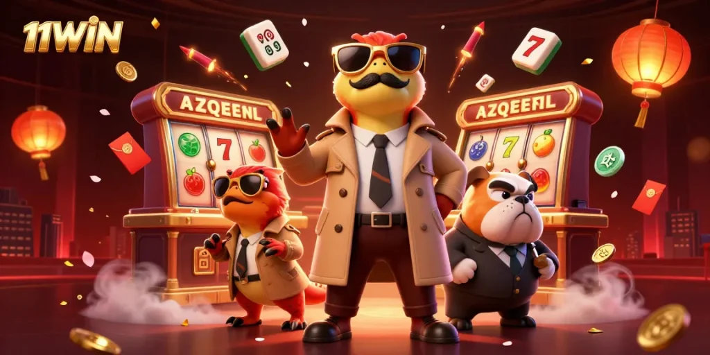 Envision fun with 11WIN as raptors sneak into a vibrant casino, surrounded by rich gaming symbols.