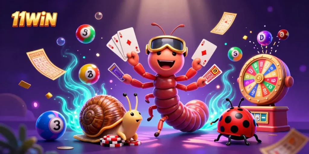 Experience the vibrant excitement of 11WIN with a cartoon millipede dealer and action-packed lottery fun.