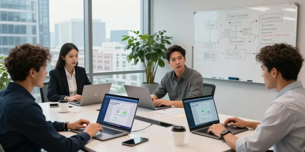 Bungee Exchange team collaboration in a modern office, showcasing cross-chain finance technology and innovation.