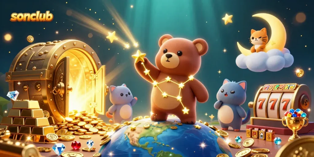 Experience thrilling wins with sonclub's vibrant 3D casino illustration featuring gold treasures!