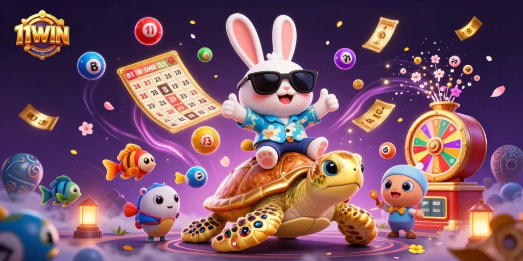 Join the excitement with 11WIN as the lucky rabbit wins big on a vibrant casino adventure!