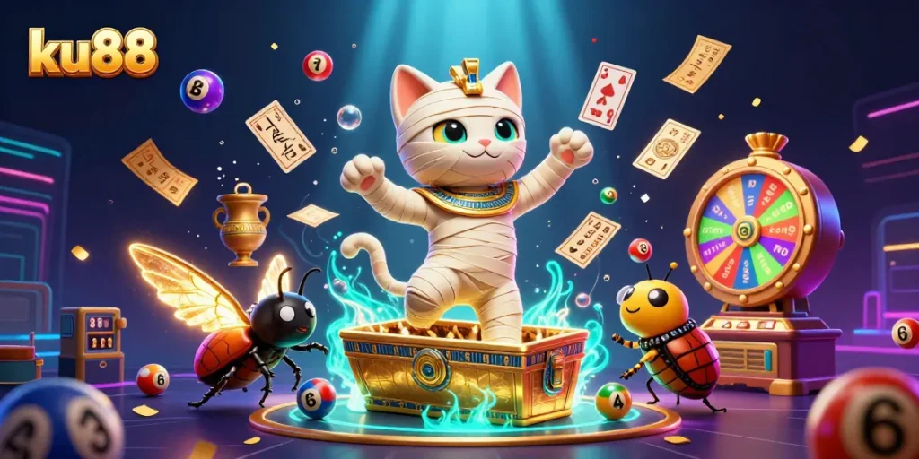 ku88 features a lively scene with an Egyptian mummy cat and a scarab beetle in a pyramid casino.