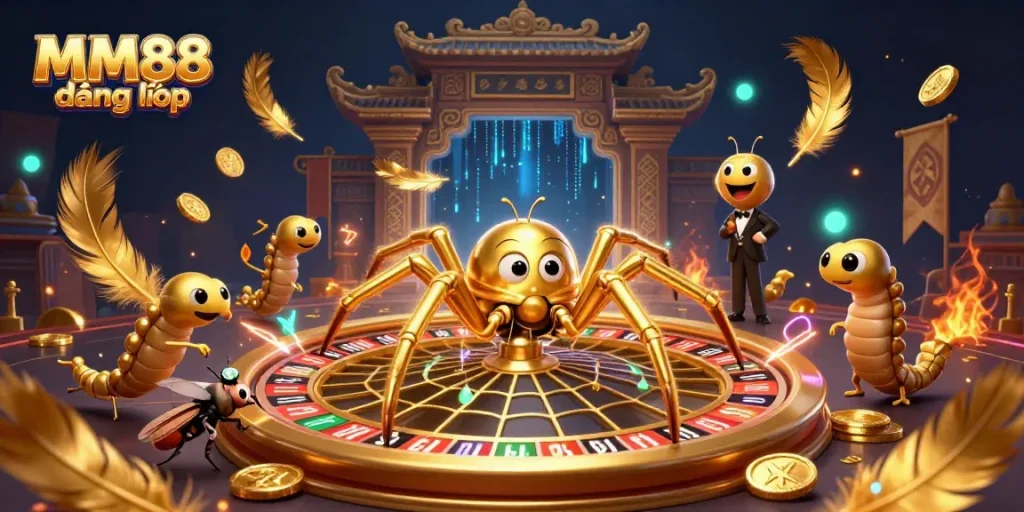 Place bets at MM88 đăng nhập with immersive 3D casino scenes featuring a golden spider and croupier.