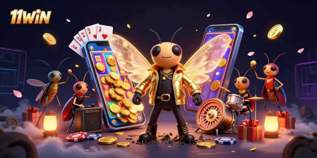 Experience the excitement of 11WIN with a vibrant casino rock star scene featuring dynamic games and characters.