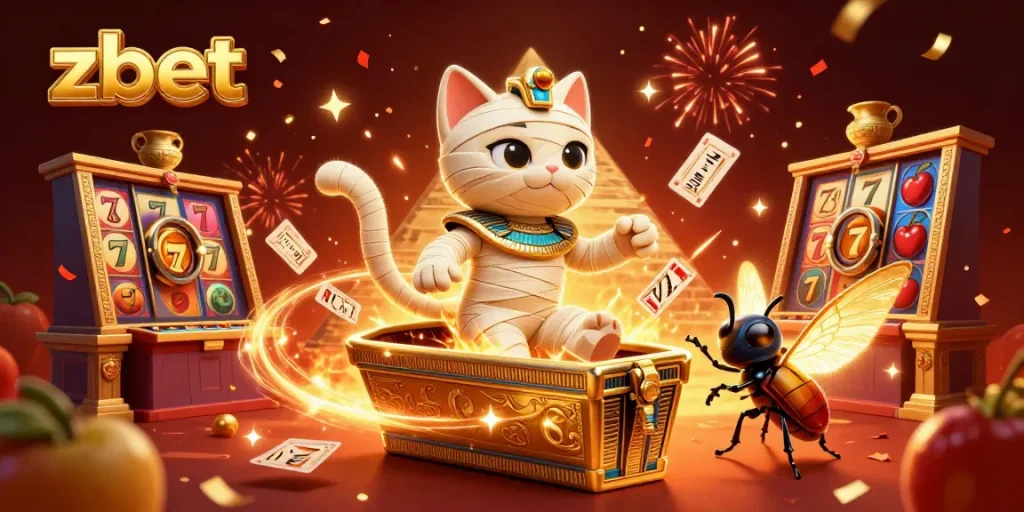 Play exciting slots at zbet with a cartoon mummy cat and jackpot elements in a vibrant casino scene.