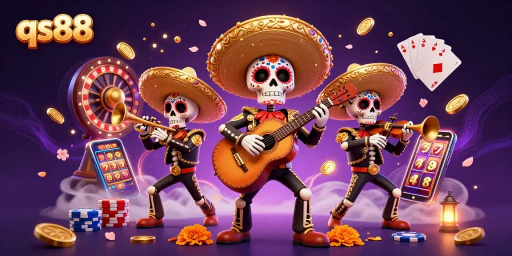 qs88 engages players with a vibrant 3D casino scene featuring a mariachi band amidst cascading coins.