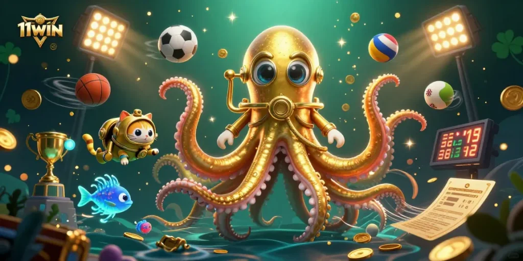 Engage with thrilling sports betting adventures at 11WIN, featuring a lively kraken and vintage diving cat.
