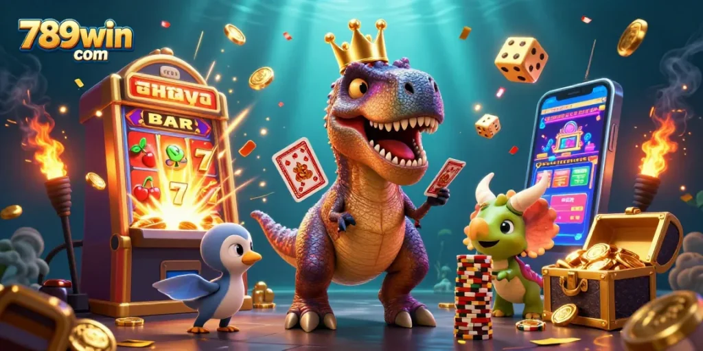 Experience the excitement of 789win com with animated characters and a jackpot explosion in this vibrant casino scene.