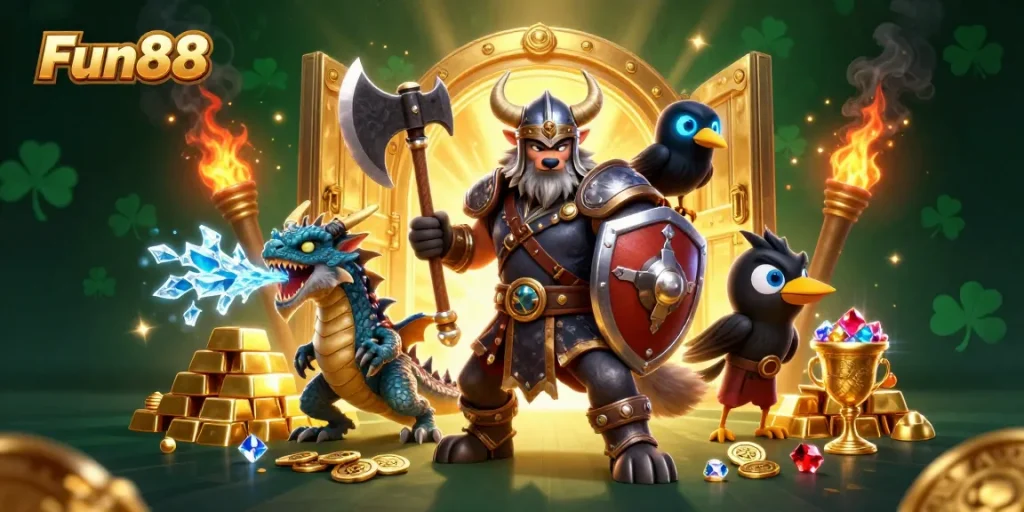 Engage with Fun88's thrilling 3D illustration featuring a Viking wolf warrior and treasures of online gambling.
