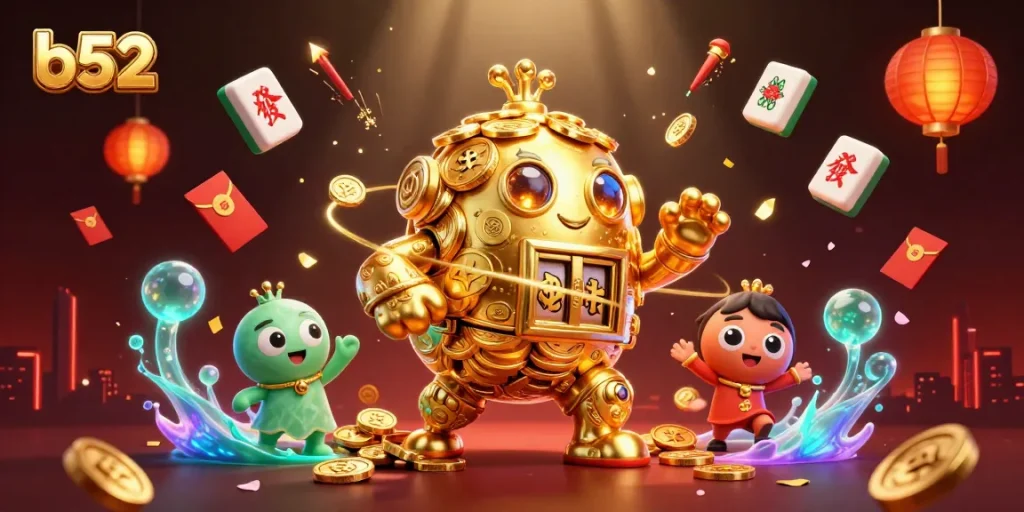 Engage with b52's golden golem character within a vibrant casino scene filled with lively casino elements.